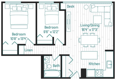 Floor plan for 2 beds, 1 bath, 856 sqft